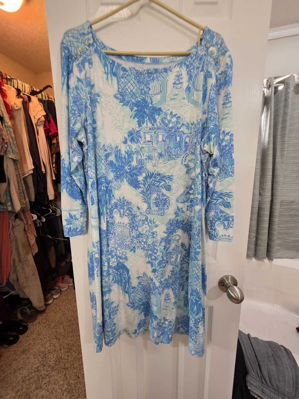 Lilly Pulitzer Blue and White Scenic Print Long-Sleeve Dress